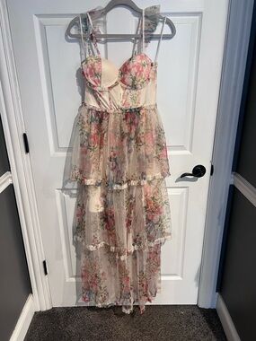 Vici Floral Tiered Chiffon Maxi Dress in Cream and Pink